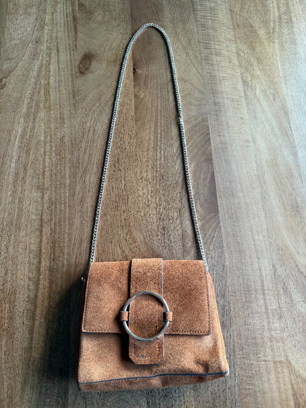 Mango Brown Suede Crossbody Bag Metal Ring Detail Chain Strap OS